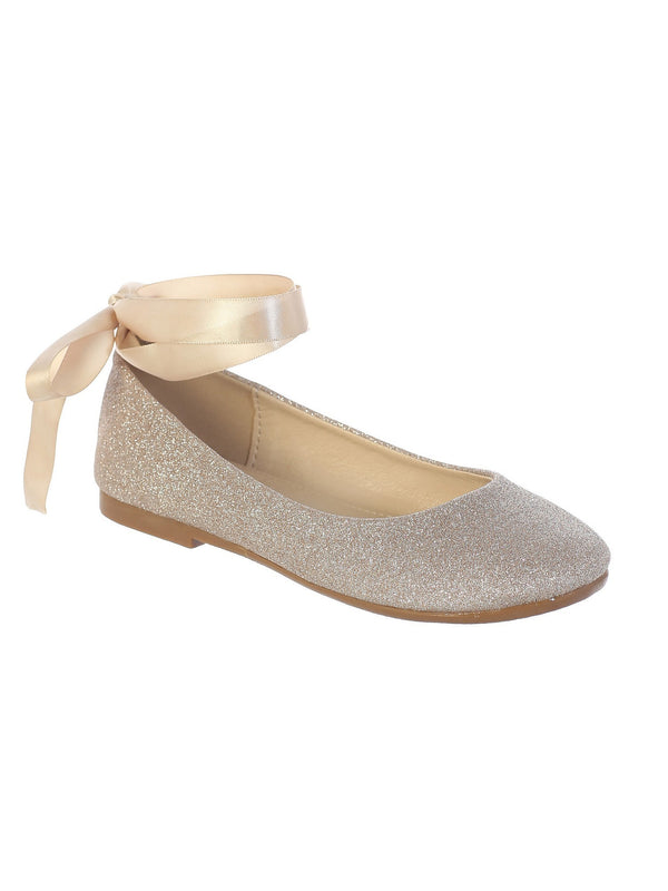 Girls Rose Gold Glitter Ribbon Ankle Ties Ballerina Shoes 9 Toddler-5 Kids - SophiasStyle.com